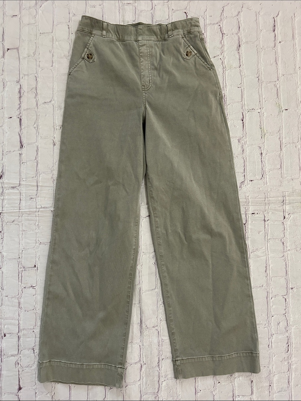 SPANX Twill Olive Green Cropped Wide-Leg Pants Size Medium Tall - Picture 2 of 6